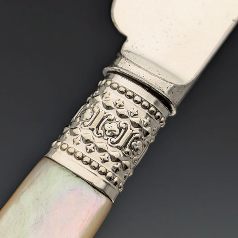 約 1881 年英國古董白色珍珠手柄甜點餐具 10 對套裝木盒裝